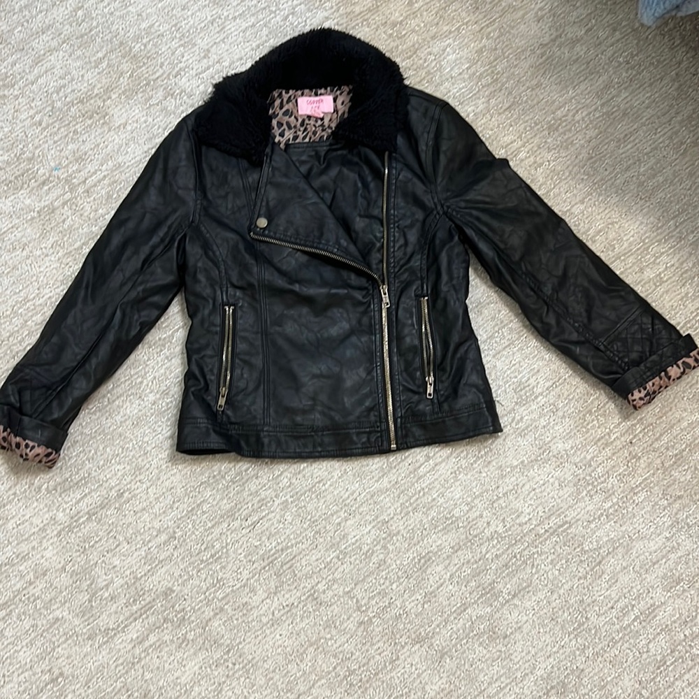 Copper Key black leather jacket with leopard print inside